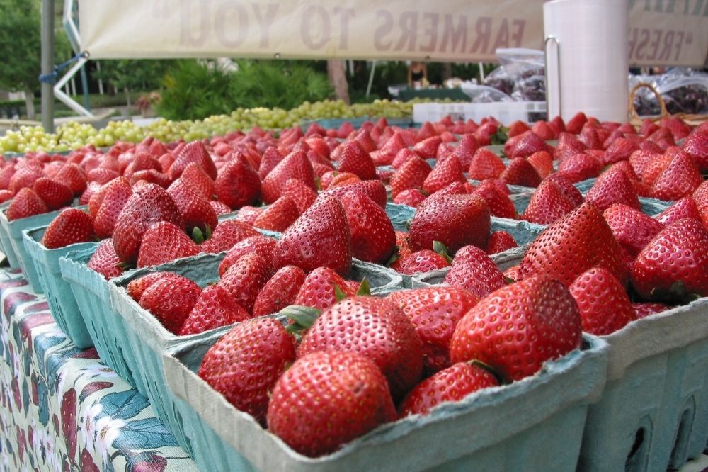 Erdbeeren sind in Papierboxen und stehen fertig zum Verkauf.