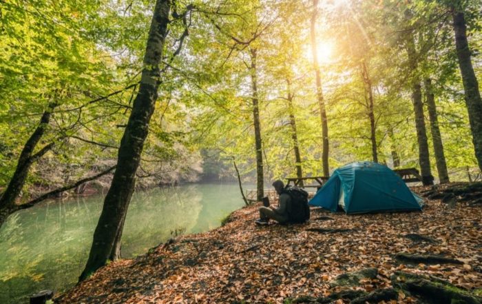 Eine Person, die im Wald an einem See zeltet