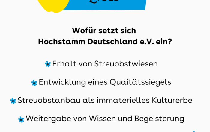 Der Hintergrund ist weiß. Oben ist ein blauer Balken in dem steht Ziele, nebendran ist ein gelber Apfel. Darunter steht: " Wofür setzt sich Hochstamm e.V. ein? Erhalt von Steuobstwiesen. Entwicklung eines Qualitätssiegels. Streuobstwiesen als immaterielles Kulturerbe. Weitergabe von Wissen und Begeisterung. Verbesserung der wirtschaftlichen Situation"